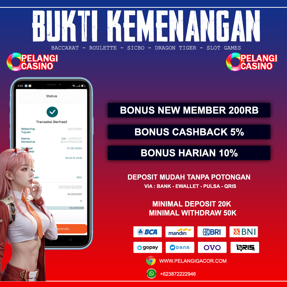 BUKTI KEMENANGAN MEMBER SETIA PELANGI CASINO TGL 21 MEI 2024