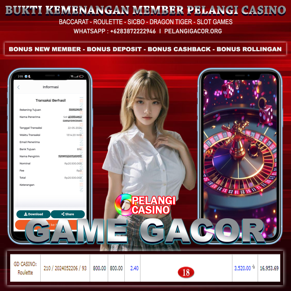 BUKTI KEMENANGAN MEMBER SETIA PELANGI CASINO TGL 22 MEI 2024