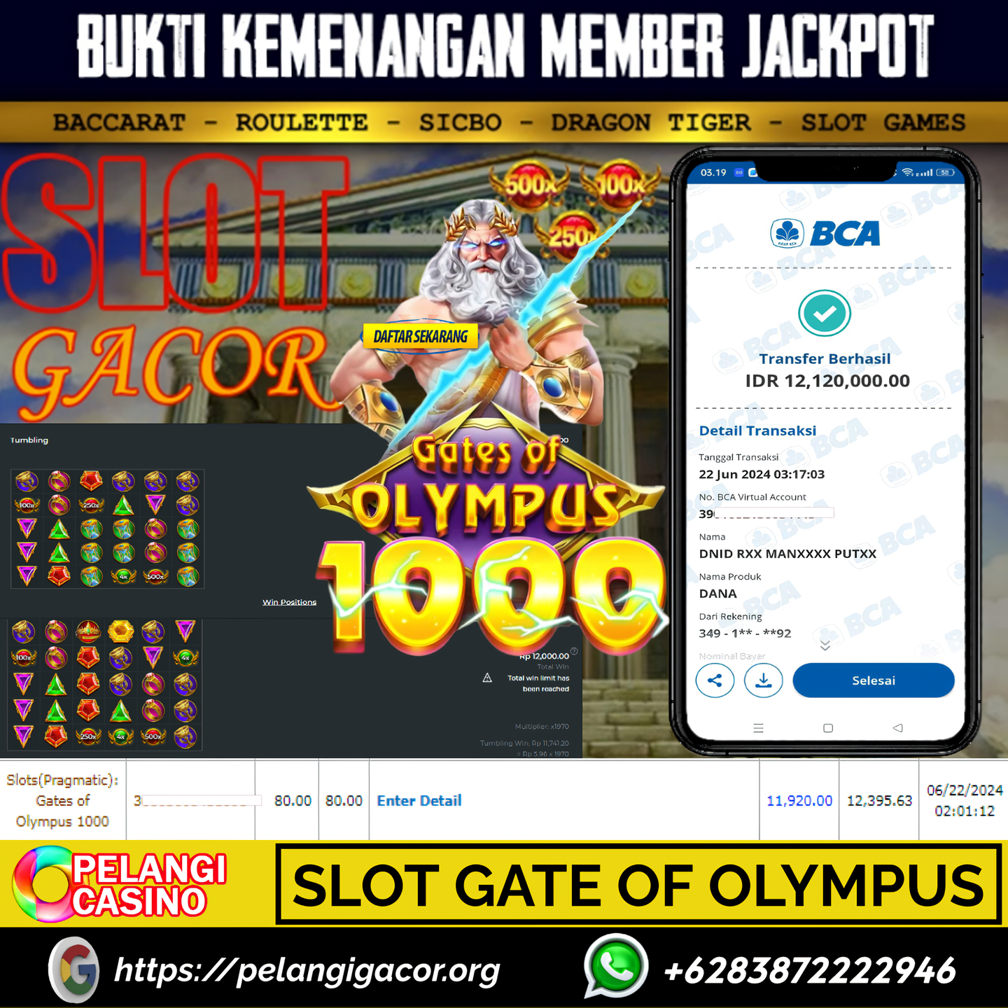 BUKTI KEMENANGAN MEMBER SETIA PELANGI CASINO TGL 22 JUNI 2024