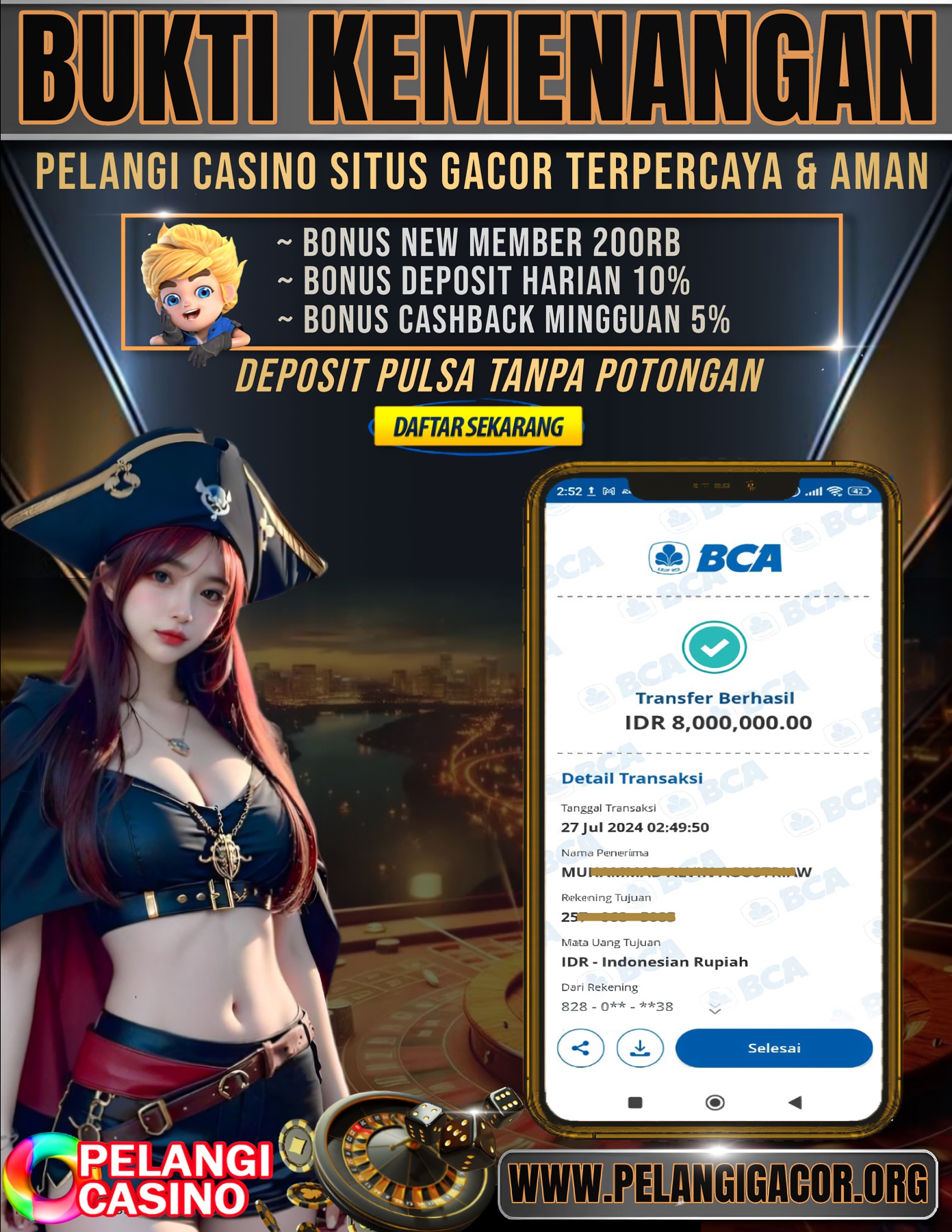 BUKTI KEMENANGAN MEMBER SETIA PELANGI CASINO TGL 27 JULI 2024