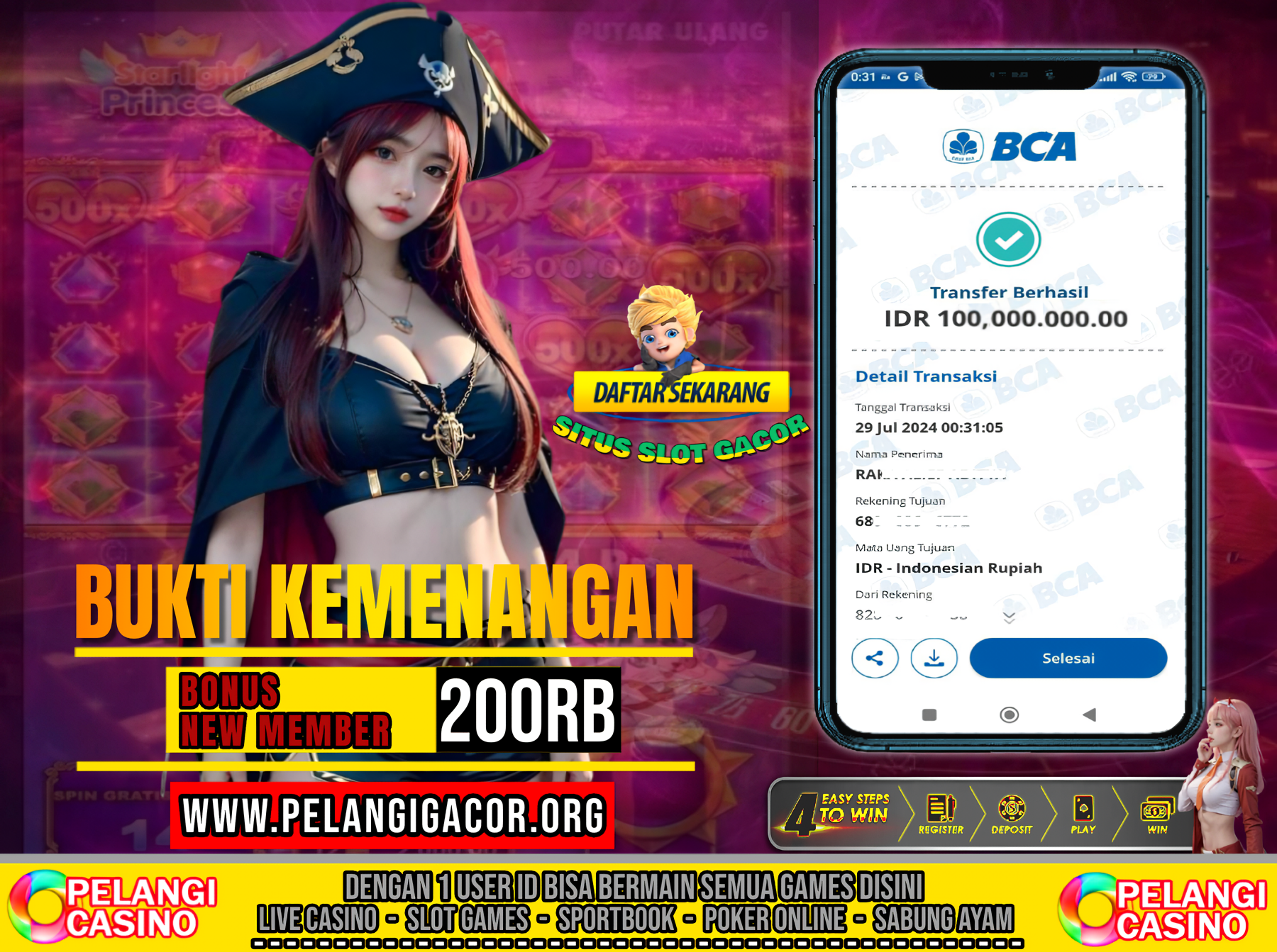 BUKTI KEMENANGAN MEMBER SETIA PELANGI CASINO TGL 29 JULI 2024