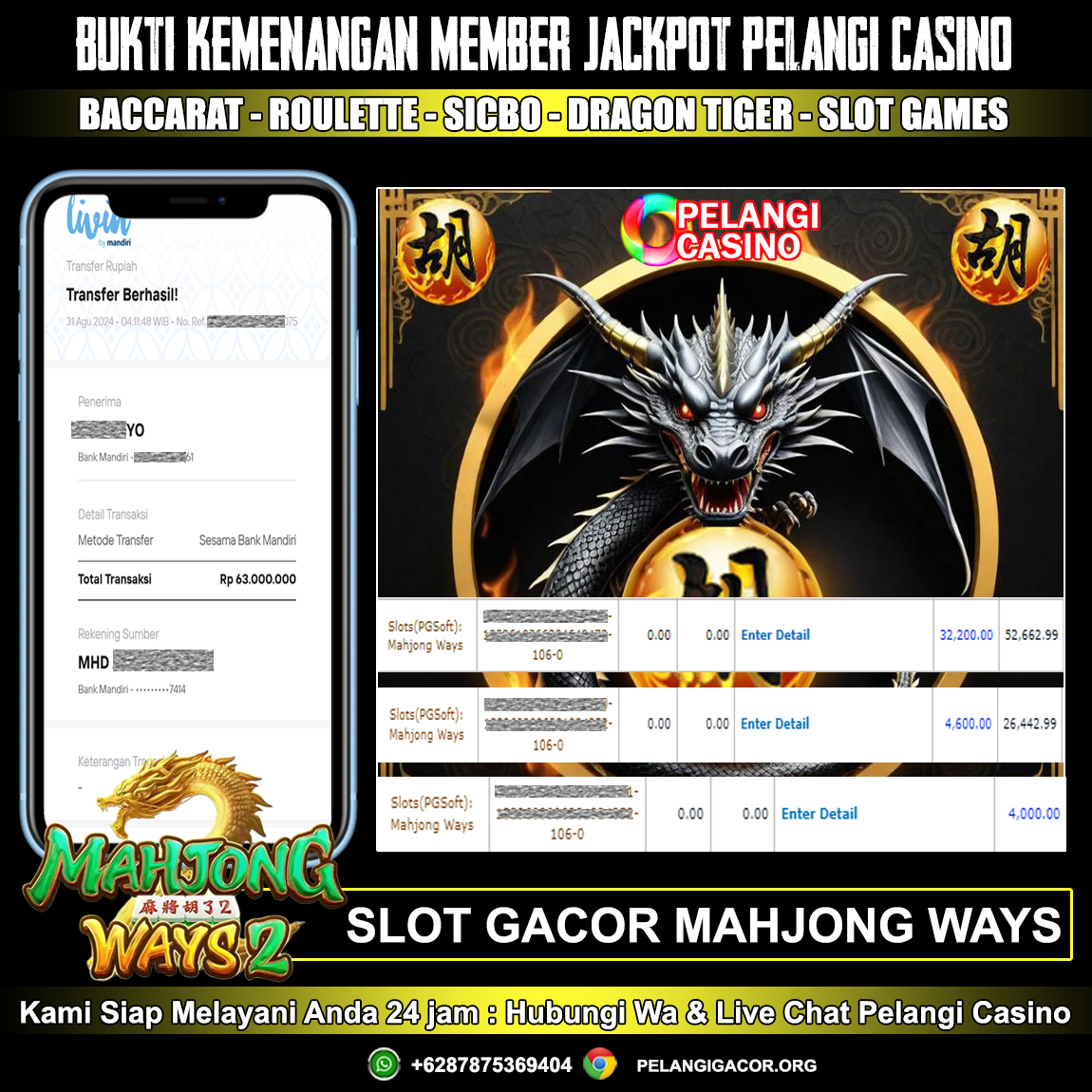 BUKTI KEMENANGAN MEMBER SETIA PELANGI CASINO TGL 31 Agustus 2024