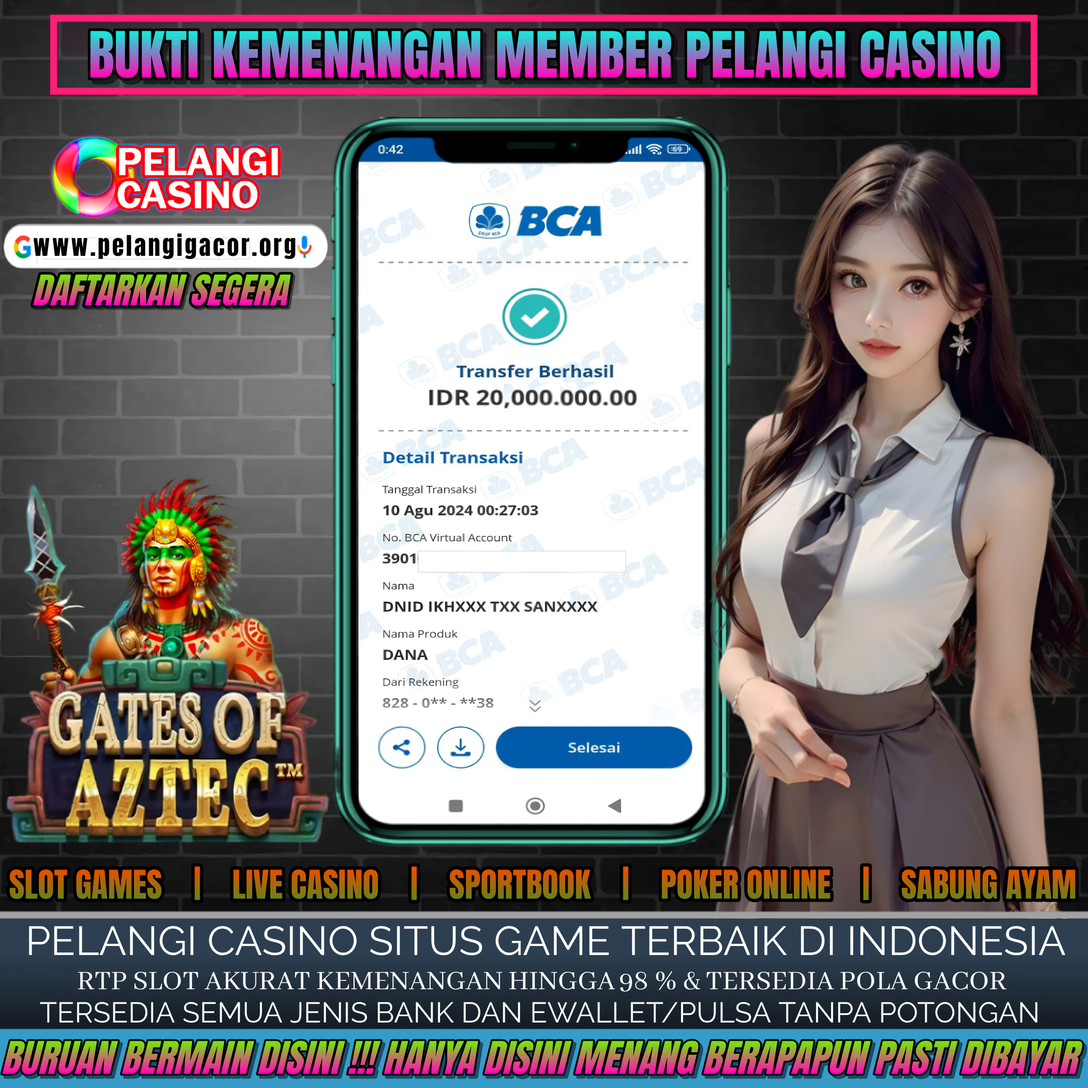 BUKTI KEMENANGAN MEMBER SETIA PELANGI CASINO TGL 10 AGUSTUS 2024