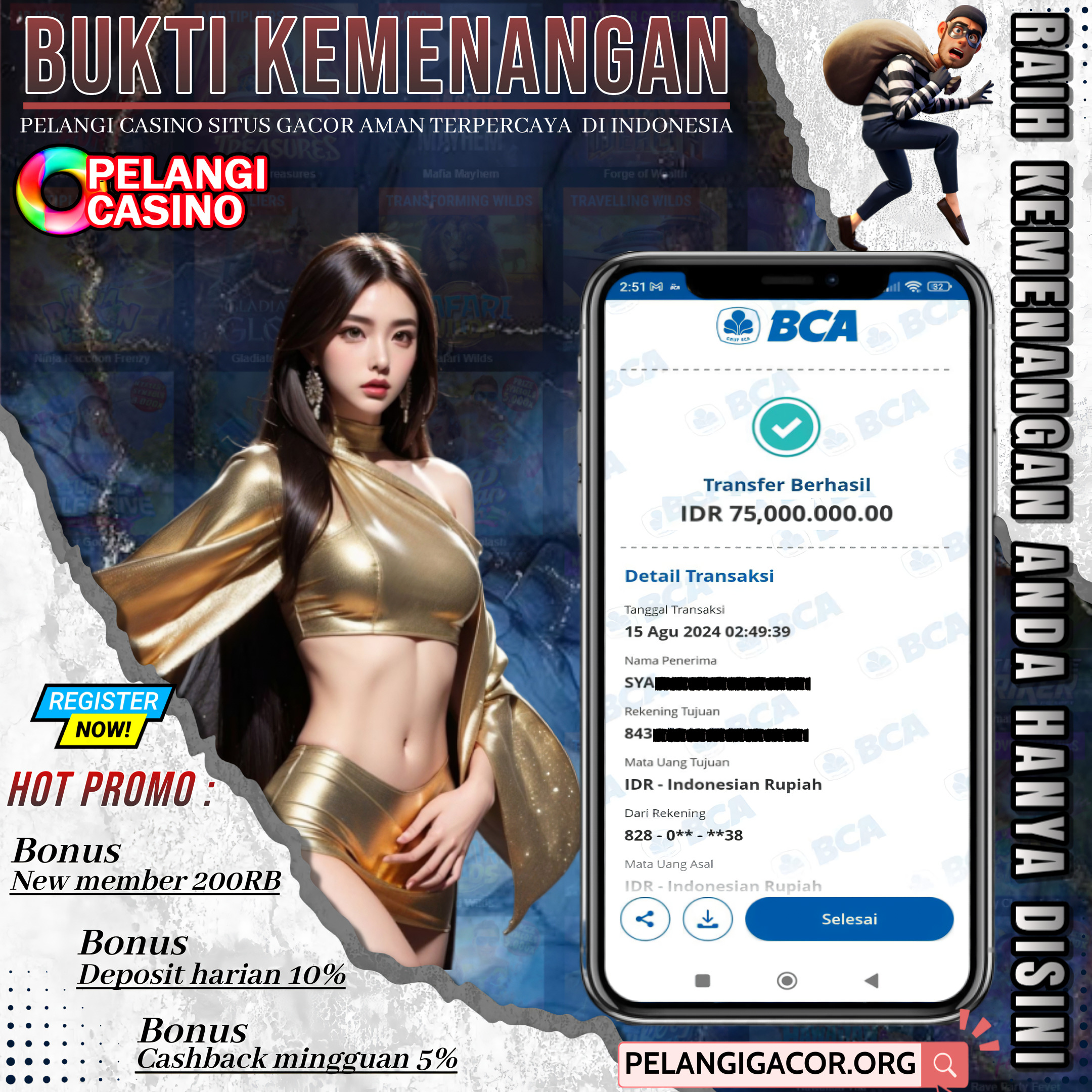 BUKTI KEMENANGAN MEMBER SETIA PELANGI CASINO TGL 15 AGUSTUS 2024