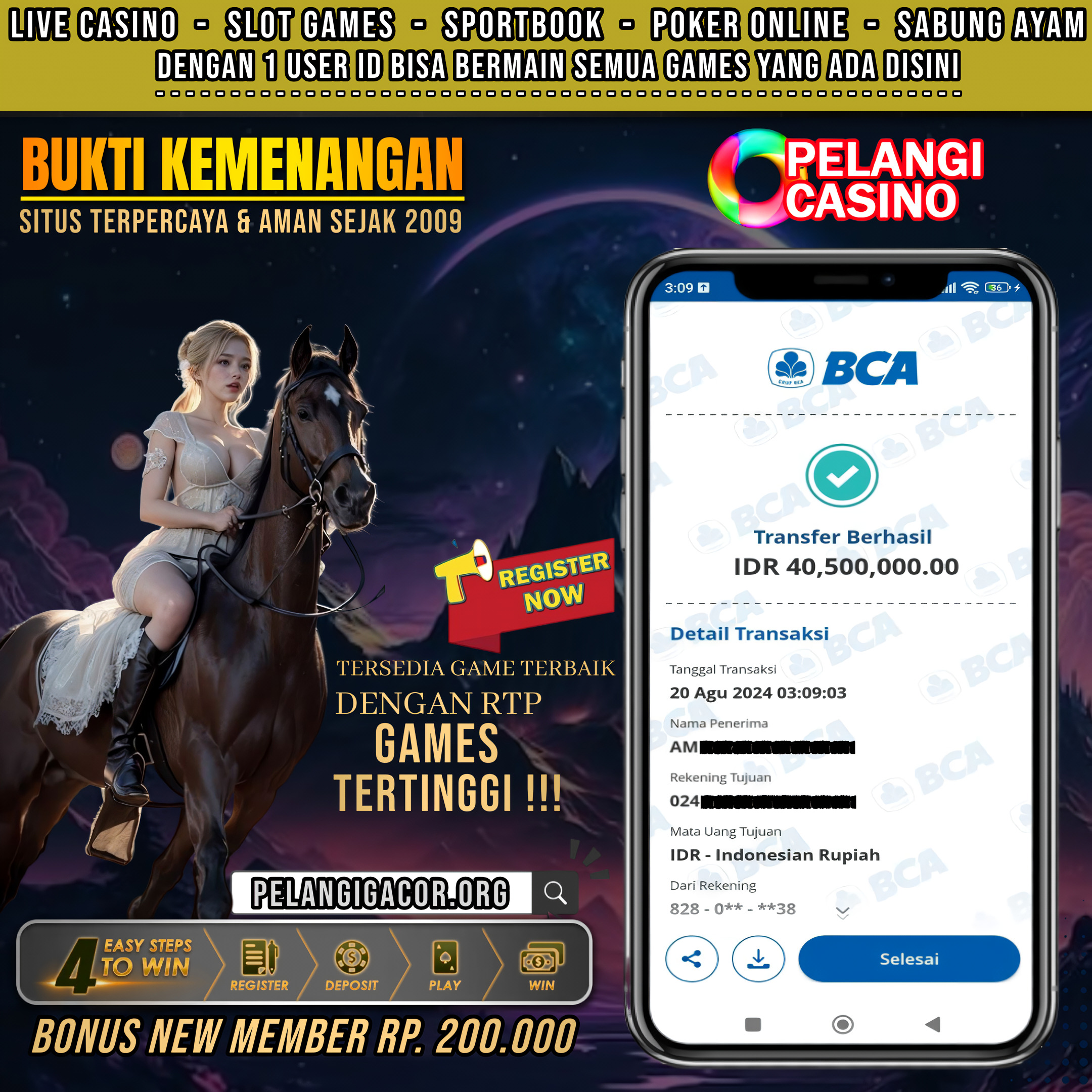 BUKTI KEMENANGAN MEMBER SETIA PELANGI CASINO TGL 20 Agustus 2024