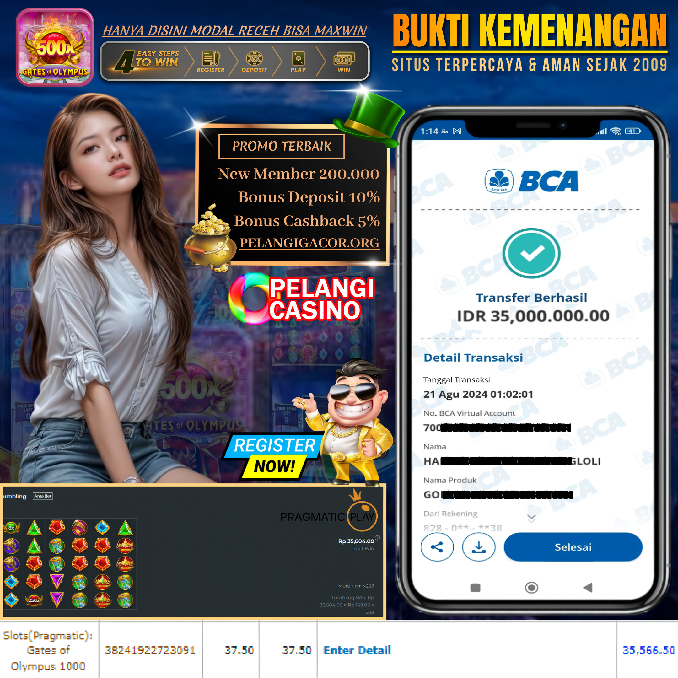 BUKTI KEMENANGAN MEMBER SETIA PELANGI CASINO TGL 21 Agustus 2024