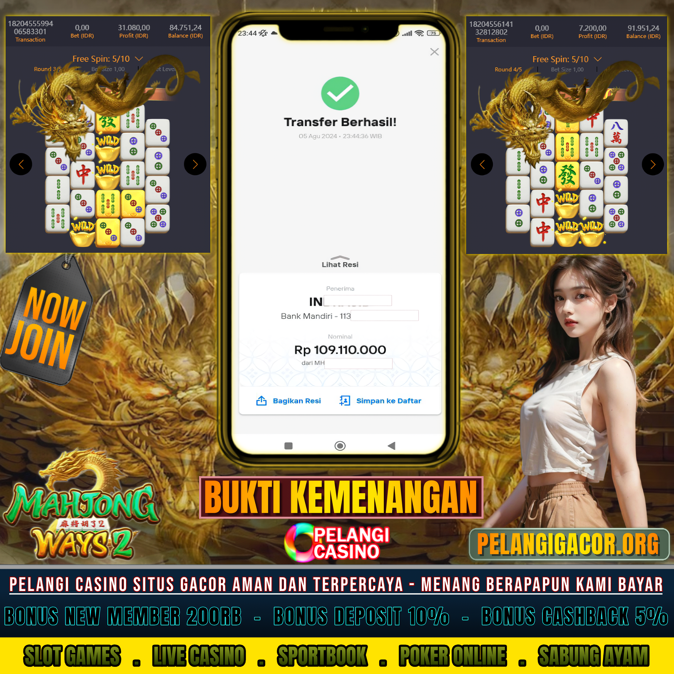 BUKTI KEMENANGAN MEMBER SETIA PELANGI CASINO TGL 06 AGUSTUS 2024