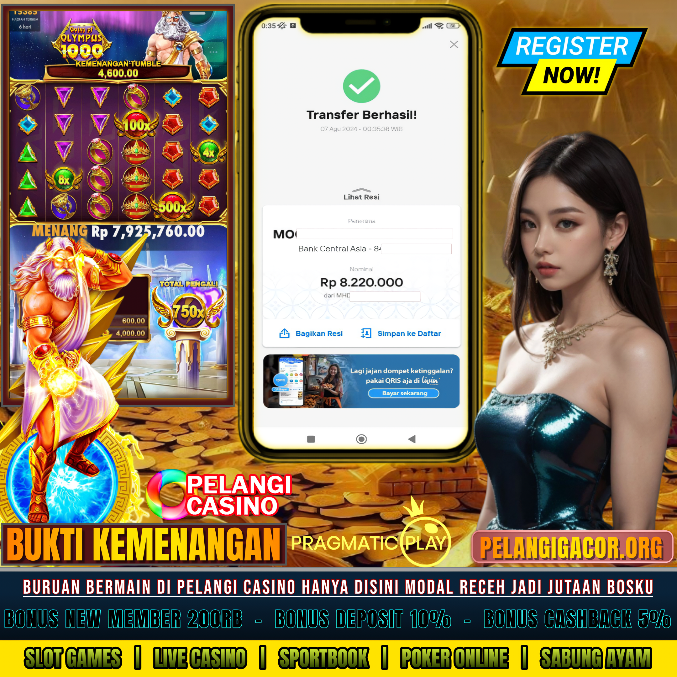 BUKTI KEMENANGAN MEMBER SETIA PELANGI CASINO TGL 07 AGUSTUS 2024