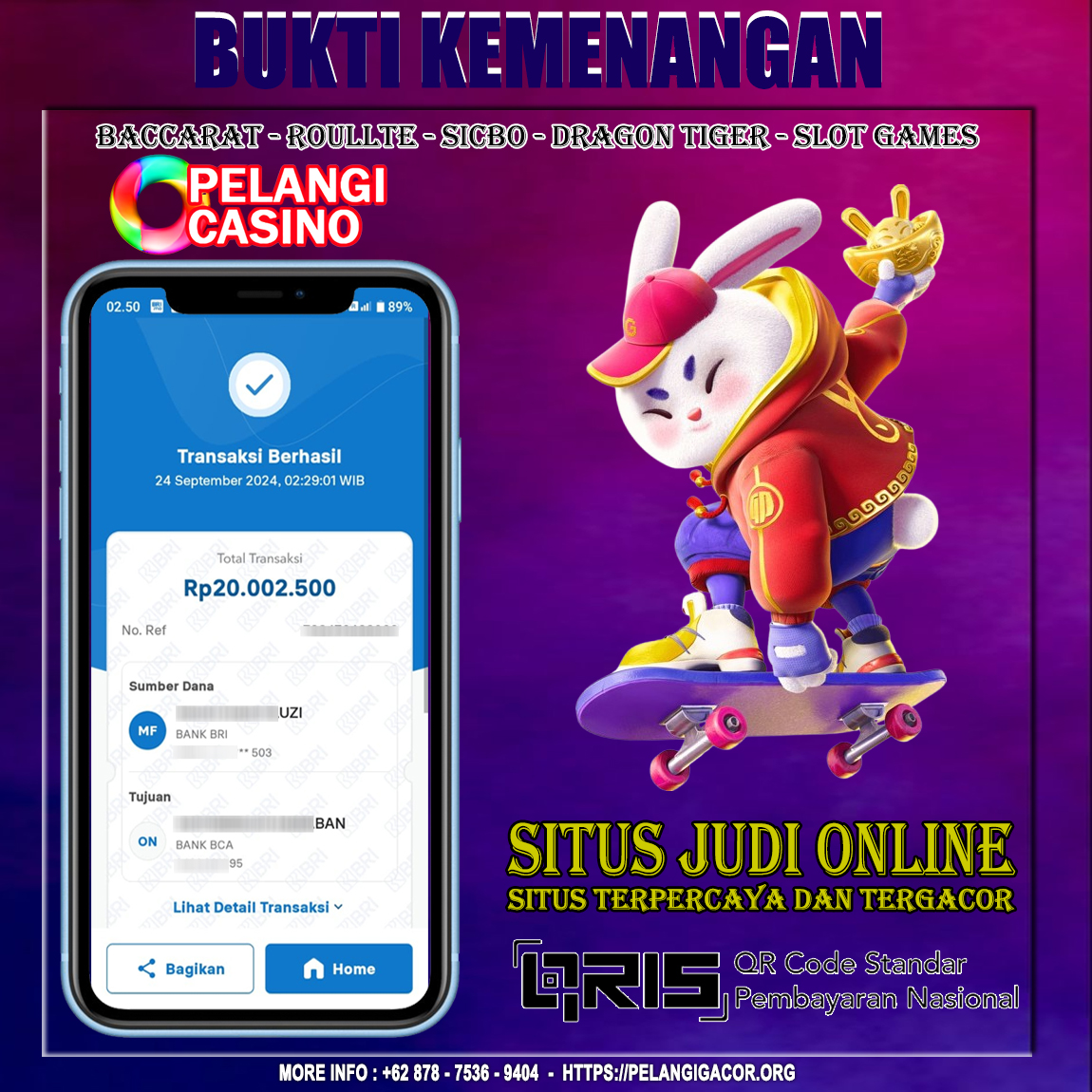 BUKTI KEMENANGAN MEMBER SETIA PELANGI CASINO TGL 24 SEPTEMBER 2024