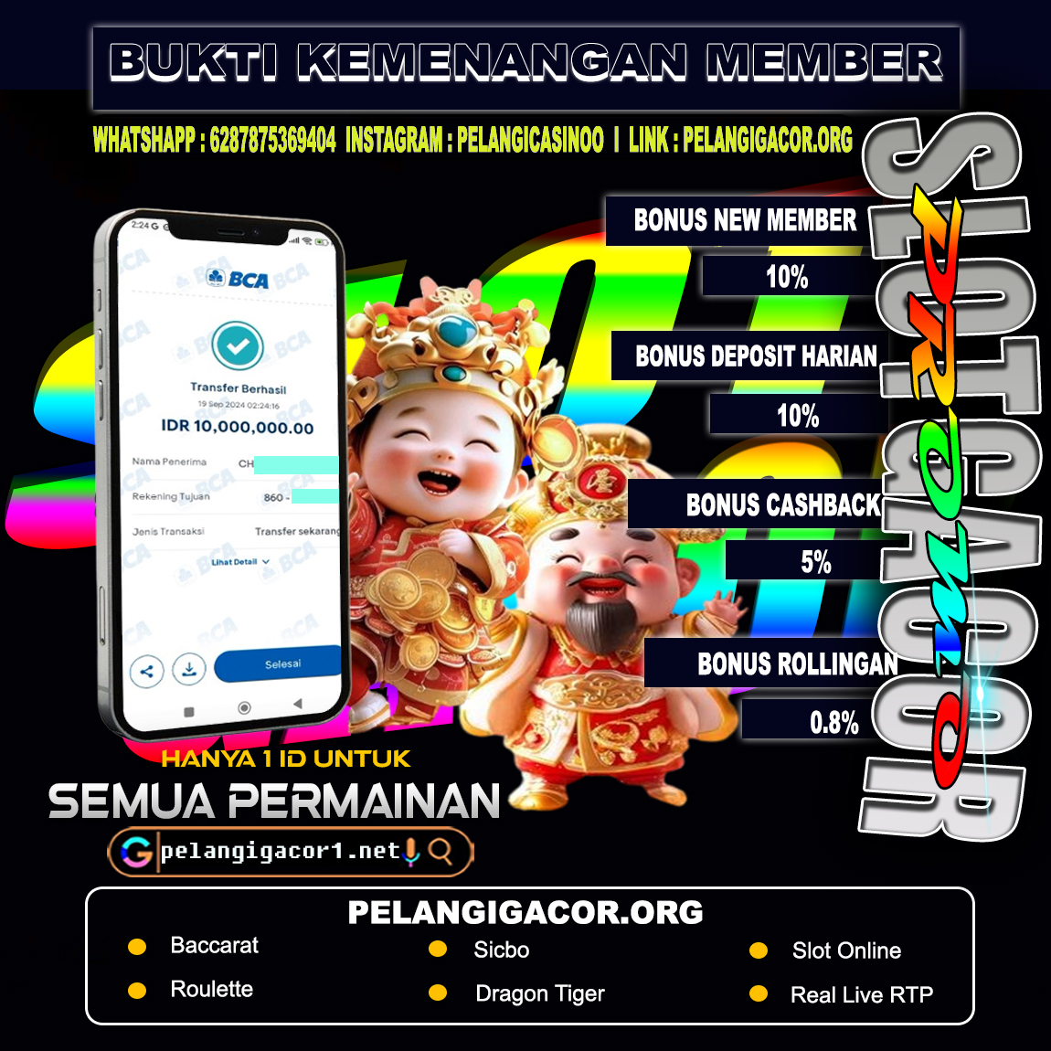 BUKTI KEMENANGAN MEMBER SETIA PELANGI CASINO TGL 19 SEPTEMBER 2024