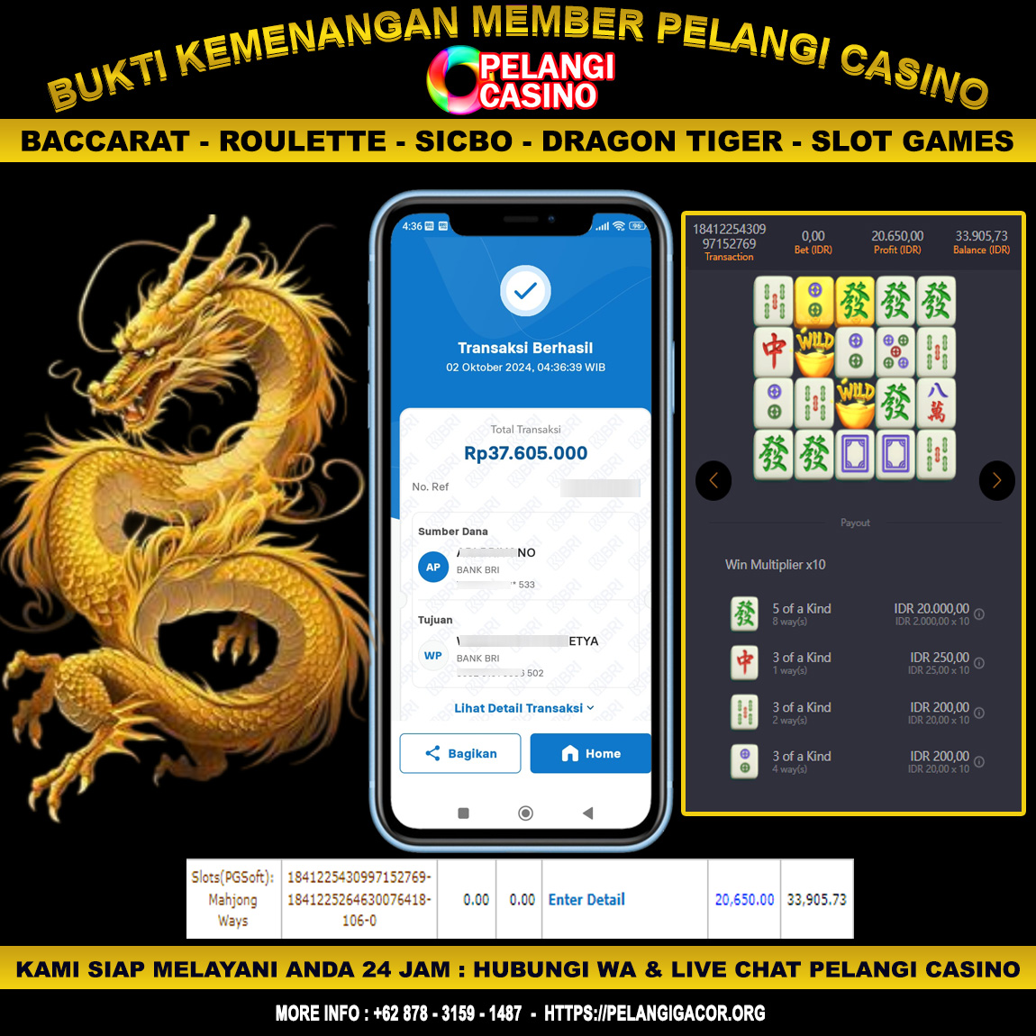 BUKTI KEMENANGAN MEMBER SETIA PELANGI CASINO TGL 02 OKTOBER 2024