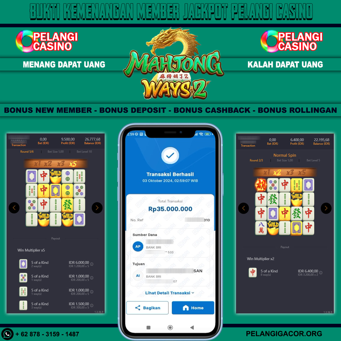 BUKTI KEMENANGAN MEMBER SETIA PELANGI CASINO TGL 03 OKTOBER 2024