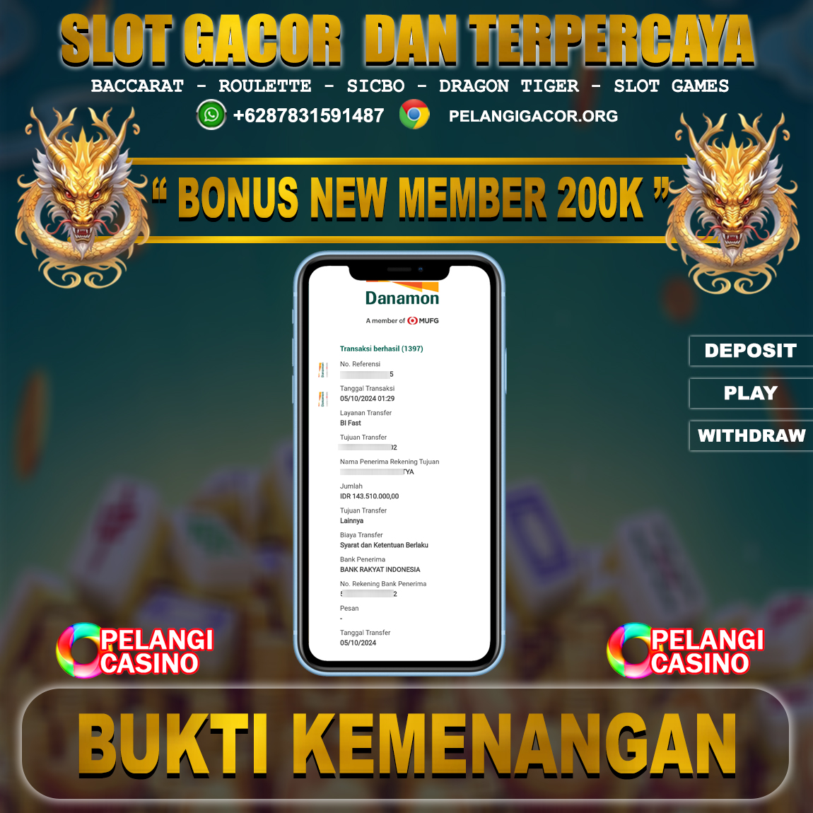 BUKTI KEMENANGAN MEMBER SETIA PELANGI CASINO TGL 05 OKTOBER 2024