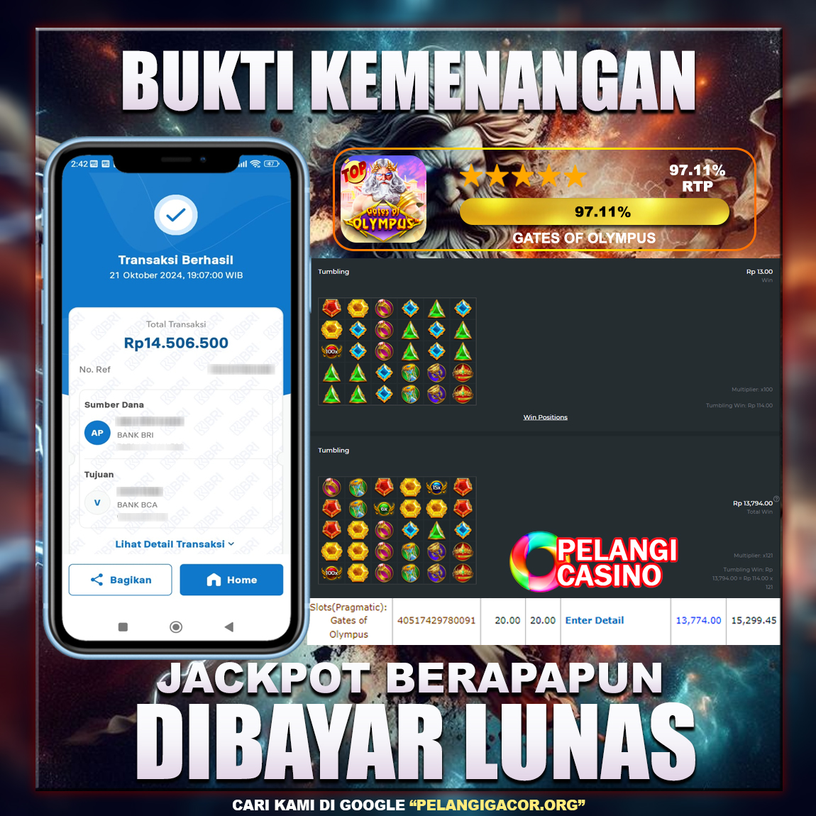 BUKTI KEMENANGAN MEMBER SETIA PELANGI CASINO TGL 21 OKTOBER 2024